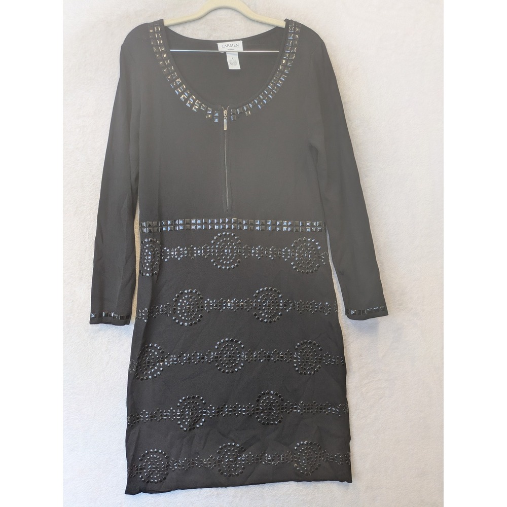 Carmen Marc Valvo Dress Women's Large Black Studded Zip Front Long Sleeve Midi